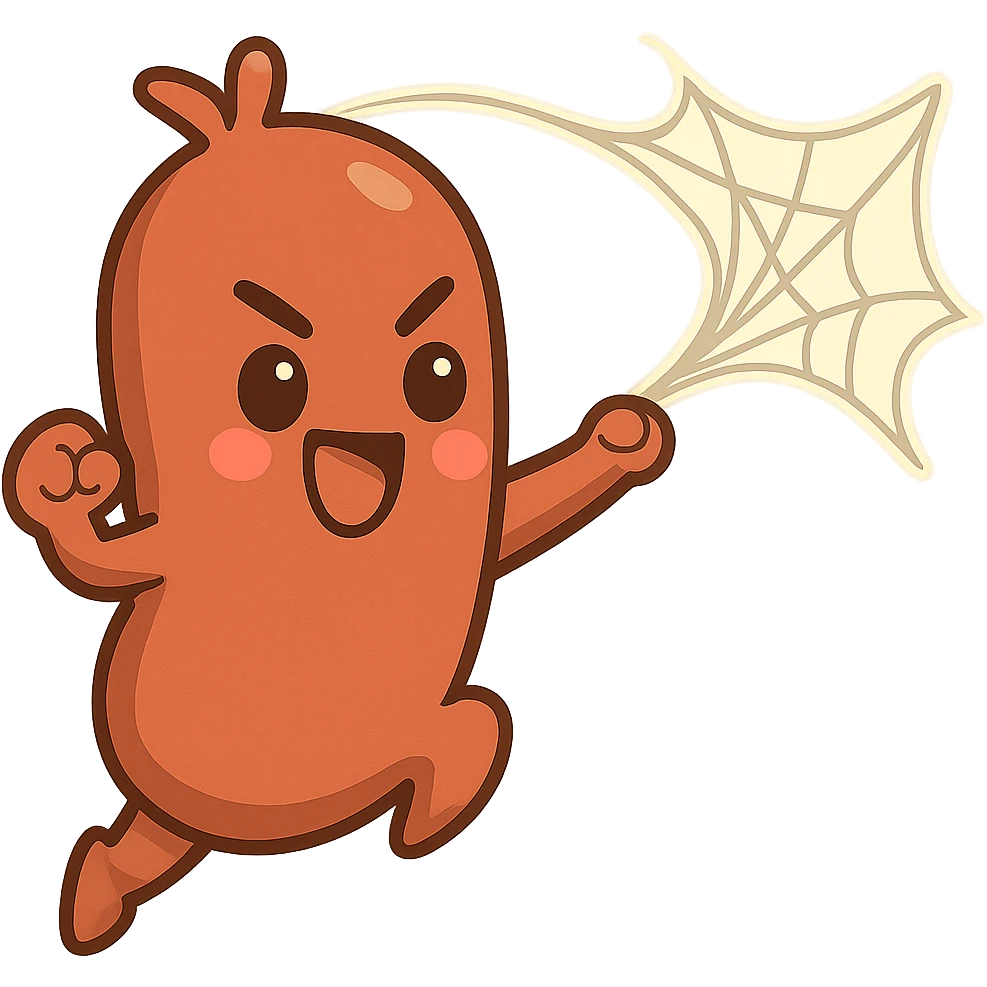 Edit the image so that the web is coming out of the sausage character's head instead of the end. Make the pose energetic with no background. emoji