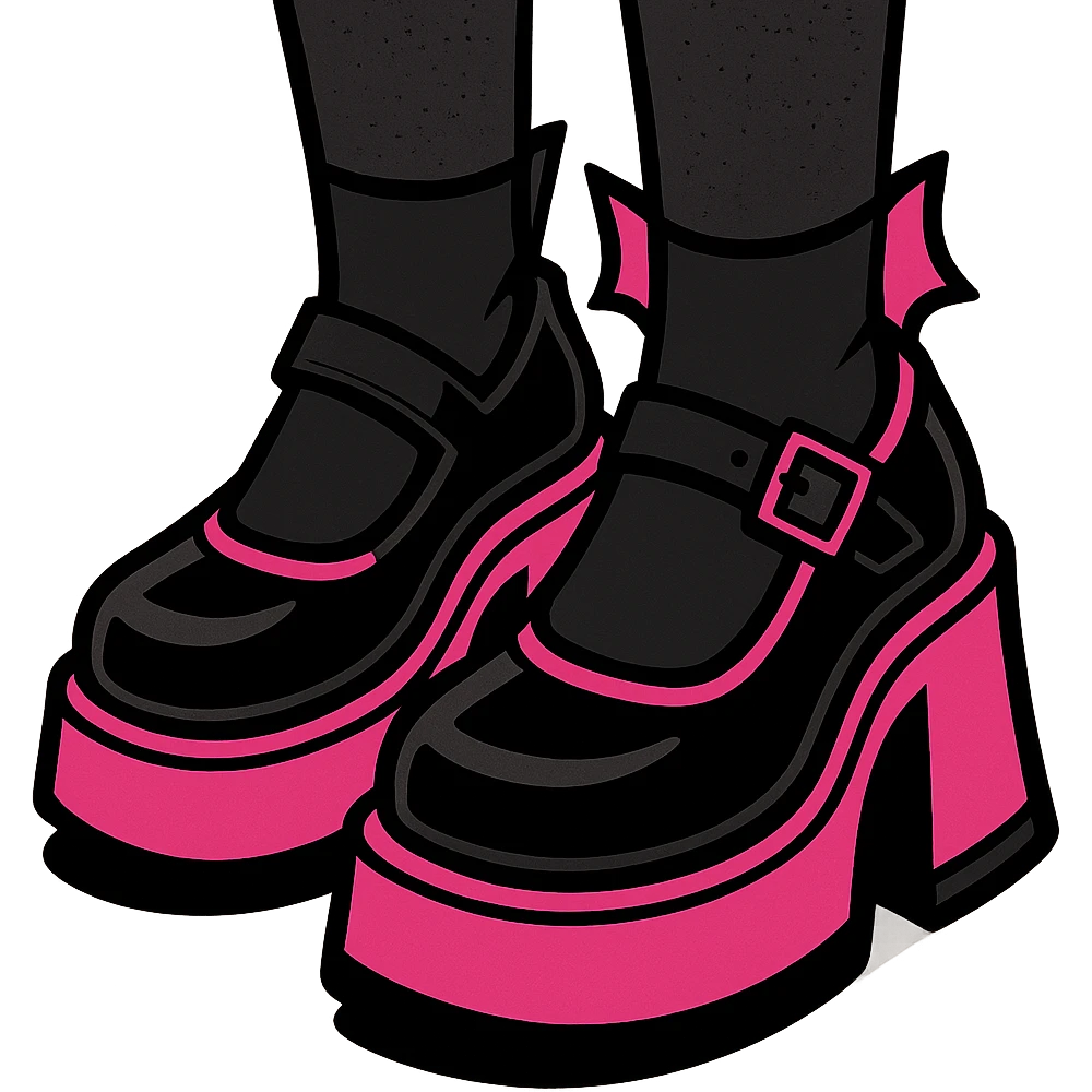 BLACKPINK-inspired gothic shoes, no hearts, black and pink, bold and expressive, vibrant toon style emoji