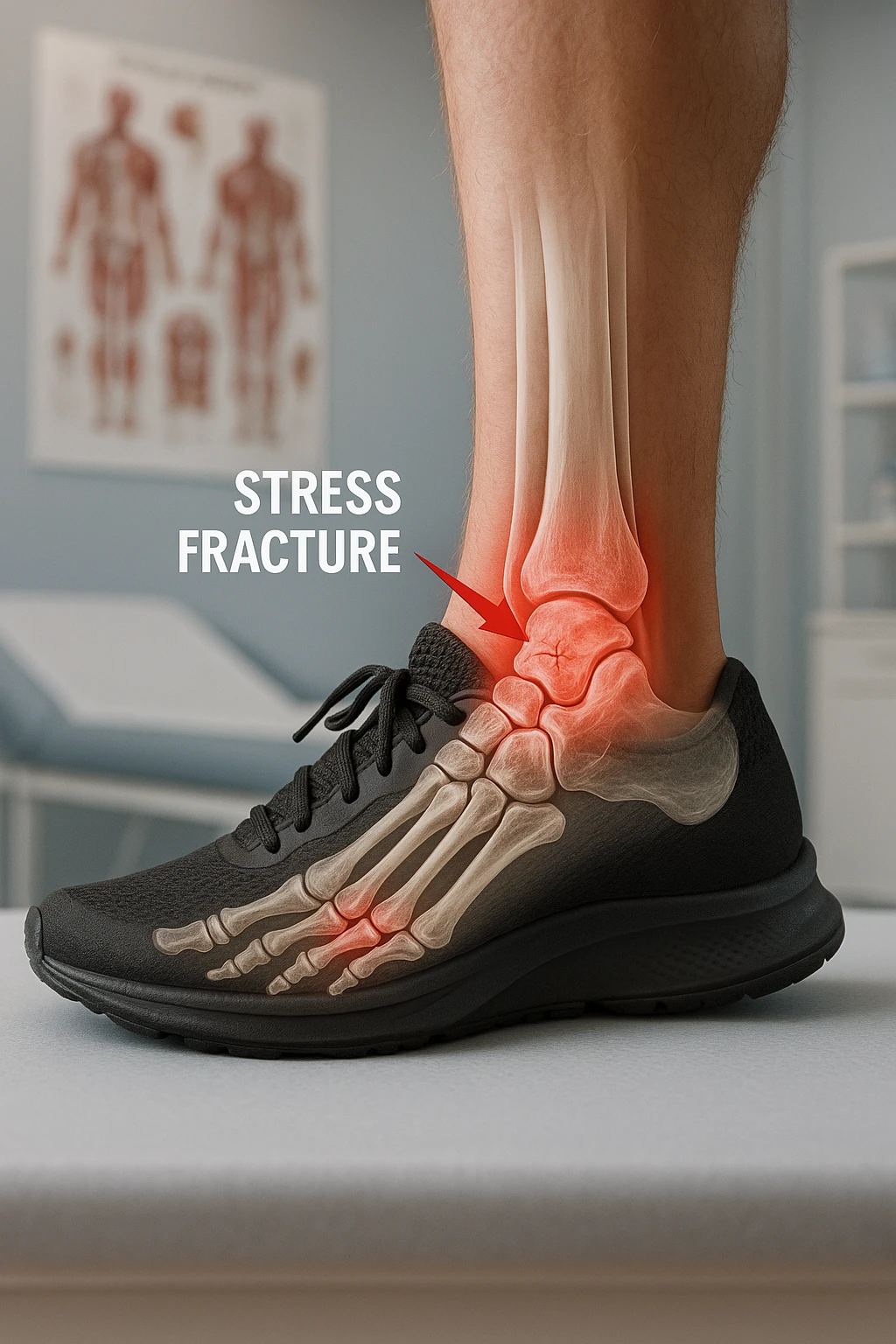 Realistic, vertical medical scene: a runner’s foot and lower leg are shown in profile, with a transparent overlay revealing a small stress fracture in the metatarsal bone. Red highlights and arrows indicate the area of pain and injury. The setting is a medical exam room, with anatomical charts in the background. emoji