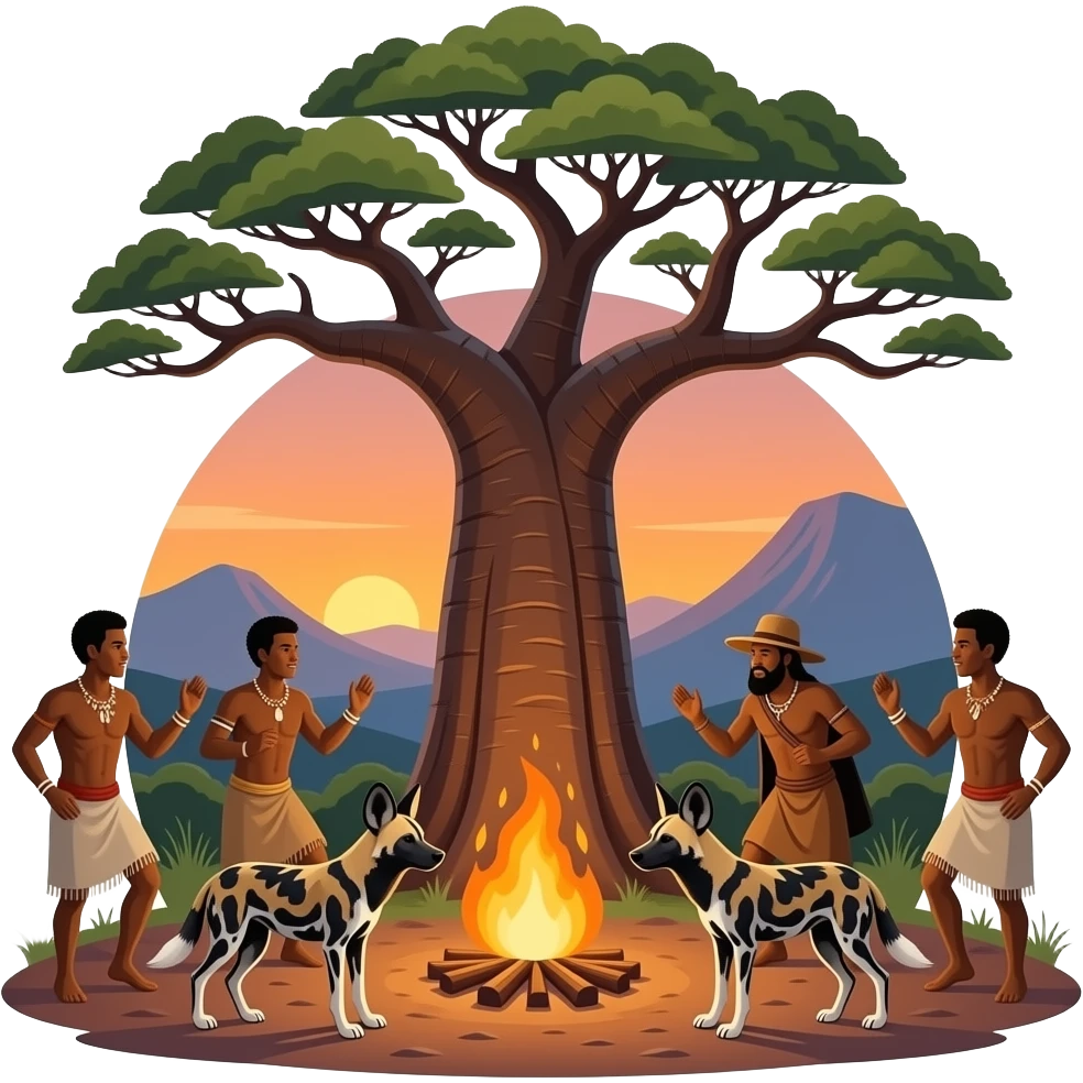 big Boabab tree bushmen dancing around fire story tellers "pack of african wild dogs) mountain sillouette sunset watching through God's Window clear geology emoji