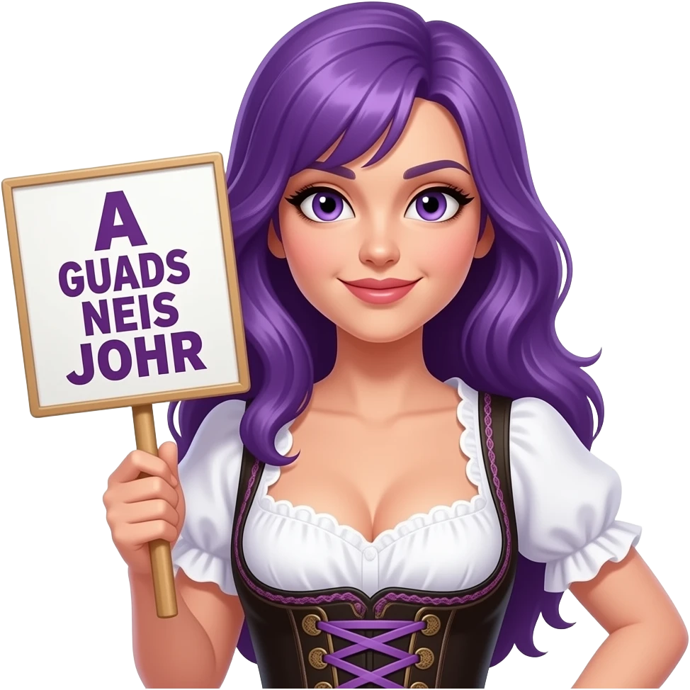 sexy girl with long purple hair and purple eyes wearing a dirndl holding a A GUADS NEIS JOHR sign emoji