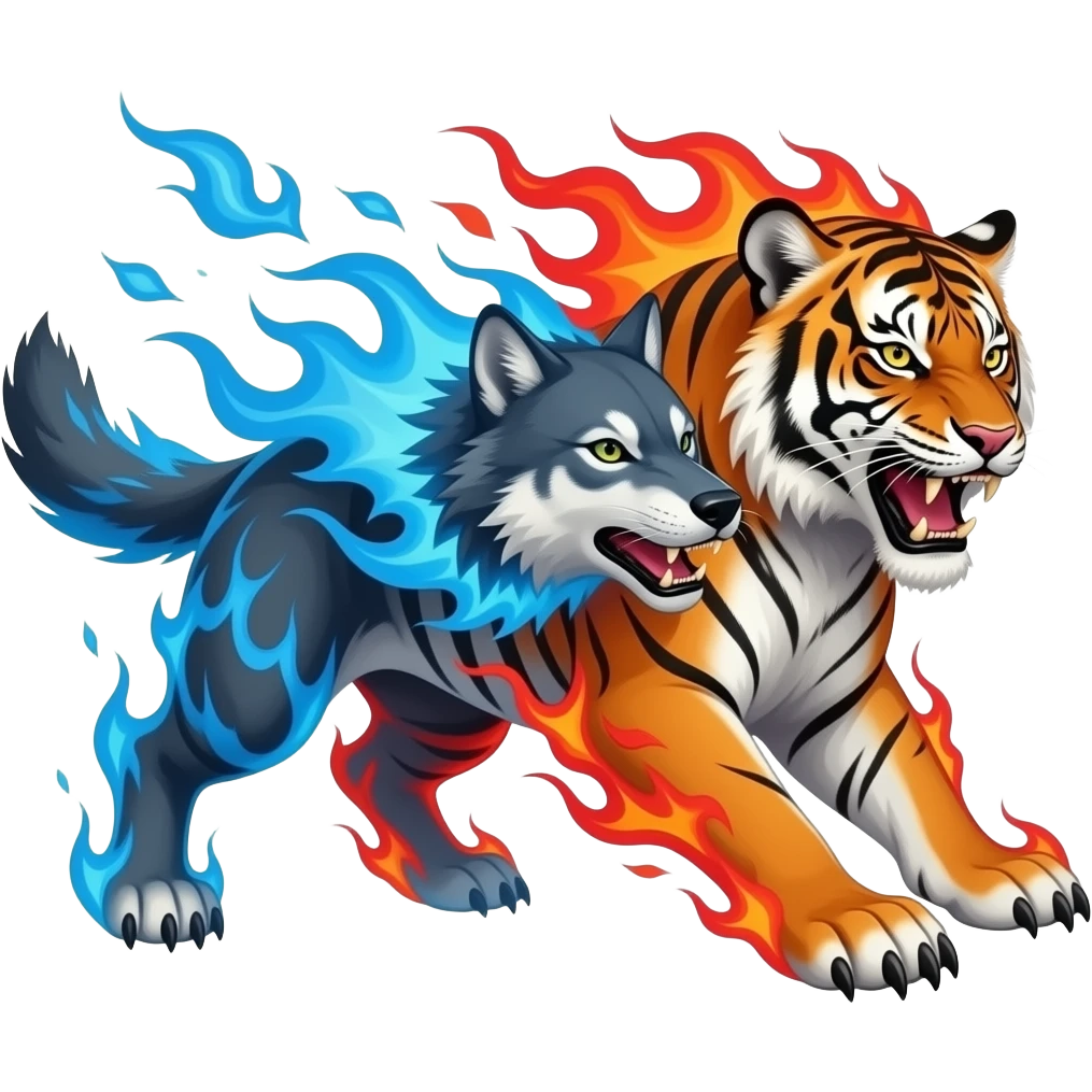 Wolf with blue flames fighting a tiger with red flames emoji