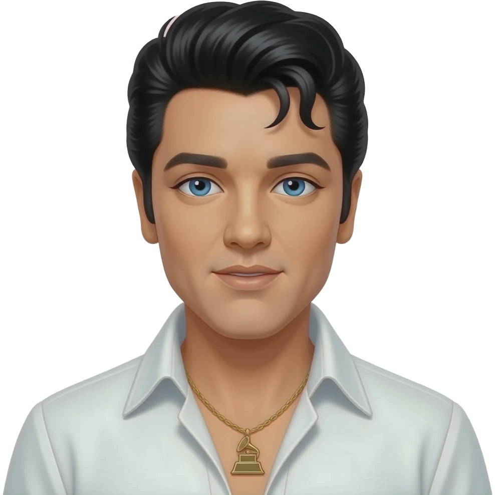 Elvis Presley with blue eyes, black hair, white grammy jumpsuit, necklace emoji