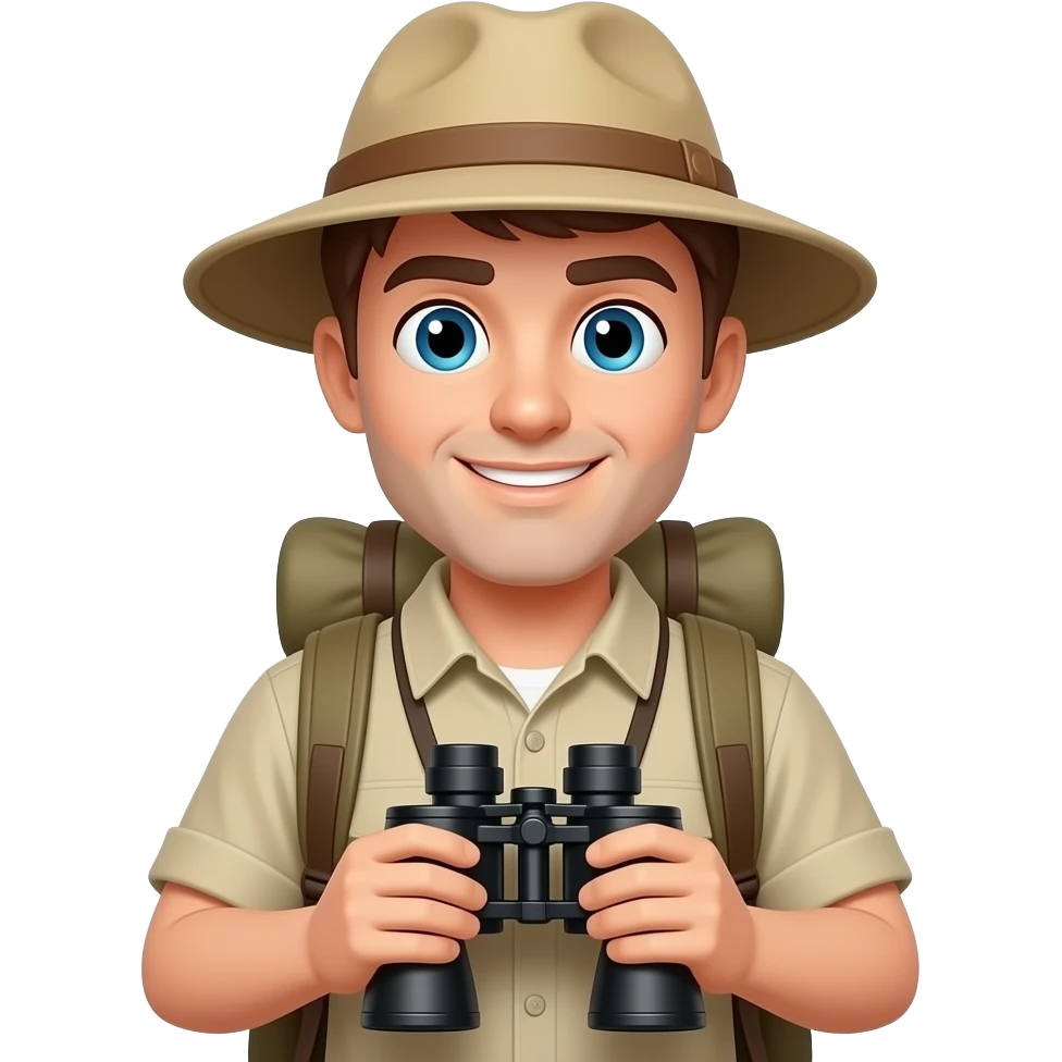 non- realistic adventurer person with safari hat and backpack with binoculars emoji