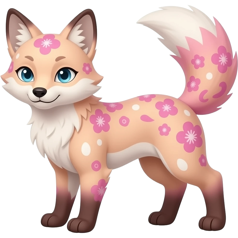 Anthropomorphic digitigrade Pastel beige and pastel Sakura-pink fox furry-Falvie-Fionbri-fursona with floral swirly markings and white spot markings, 2 legs, modern, sophisticated emoji