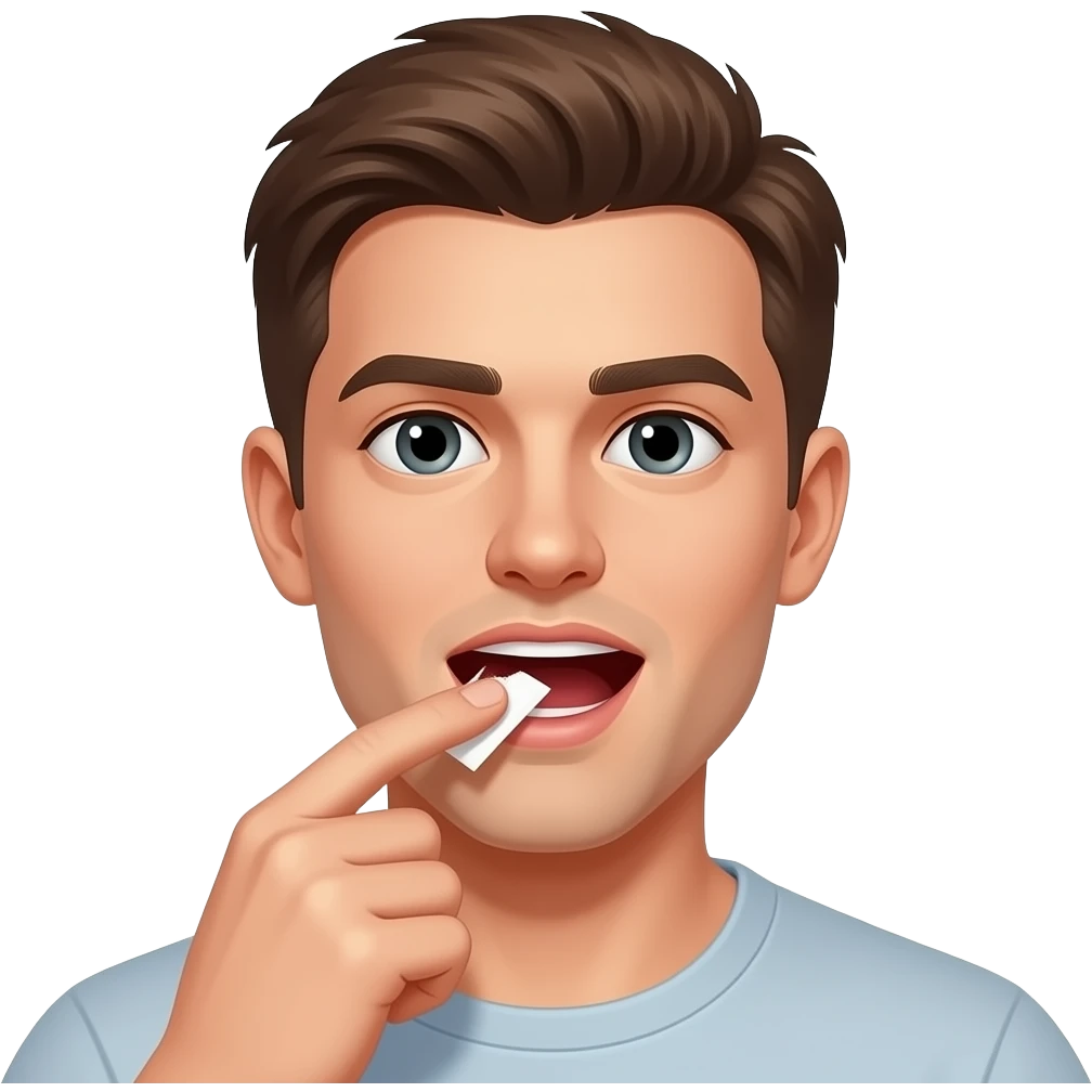young man with short brown hair putting a white nicotine snus pouch into his upper lip with his fingers, mouth open emoji