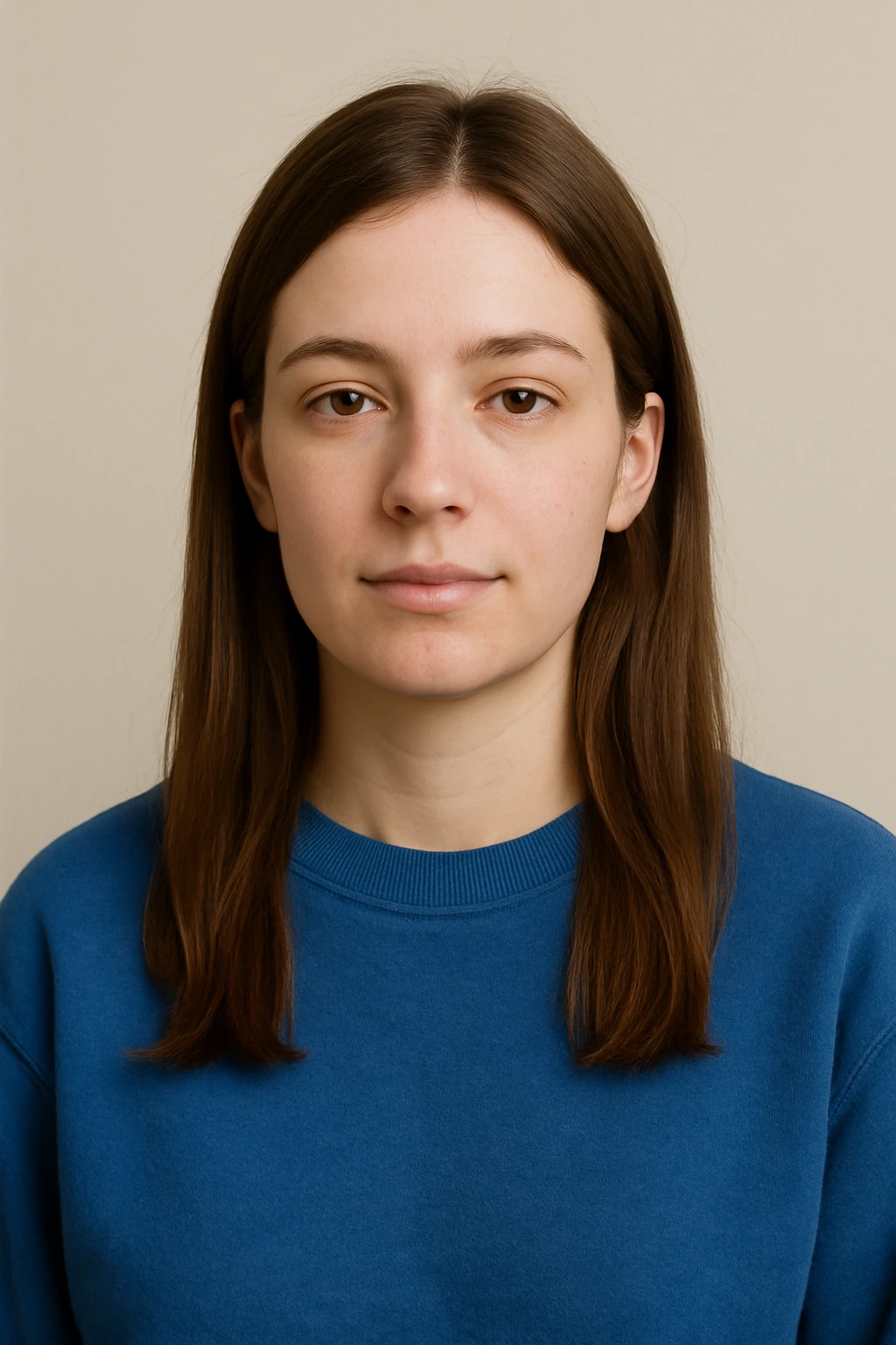 white female, straight brown hair, blue crewneck sweatshirt, relaxed, plain background emoji