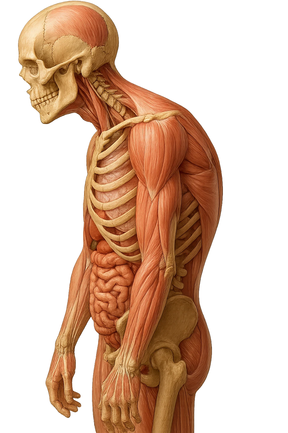 corpo UMANO ANATOMICO di profilo con spalle chiuse in avanti, postura errata, iperrealistico 4k emoji