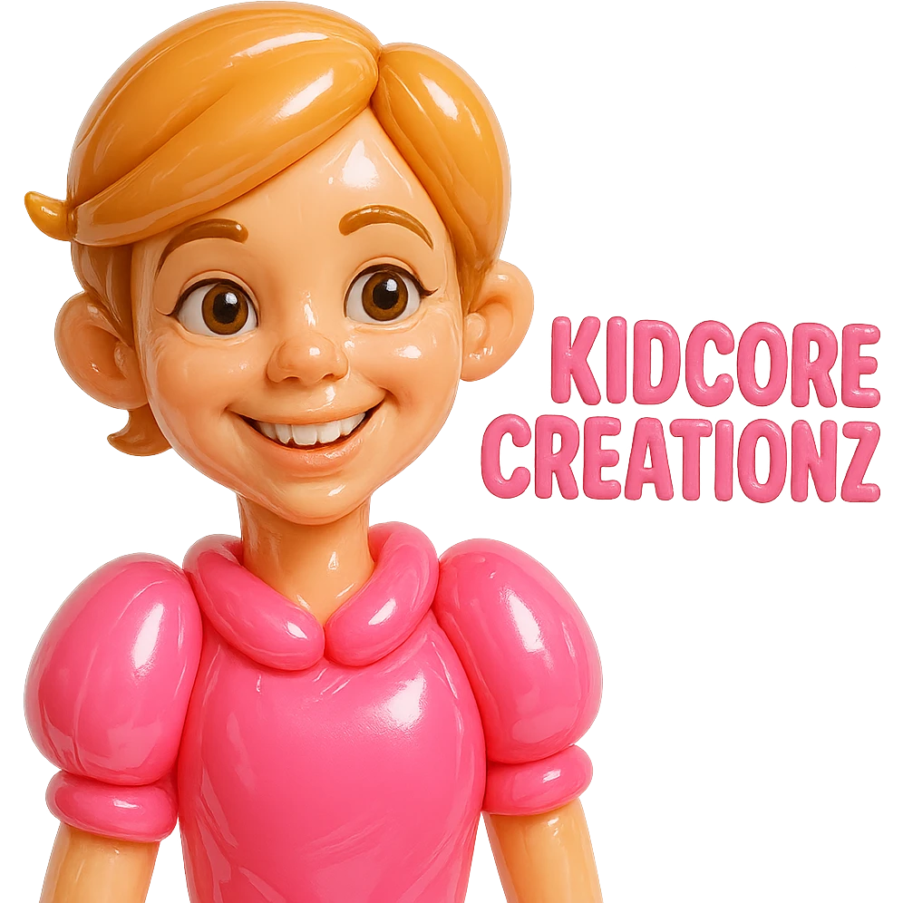 Lightskin girl with a pixie cut
pink blouse
brown eyes
expression is smiling
Add the word Kidcore Creationz in Pink emoji