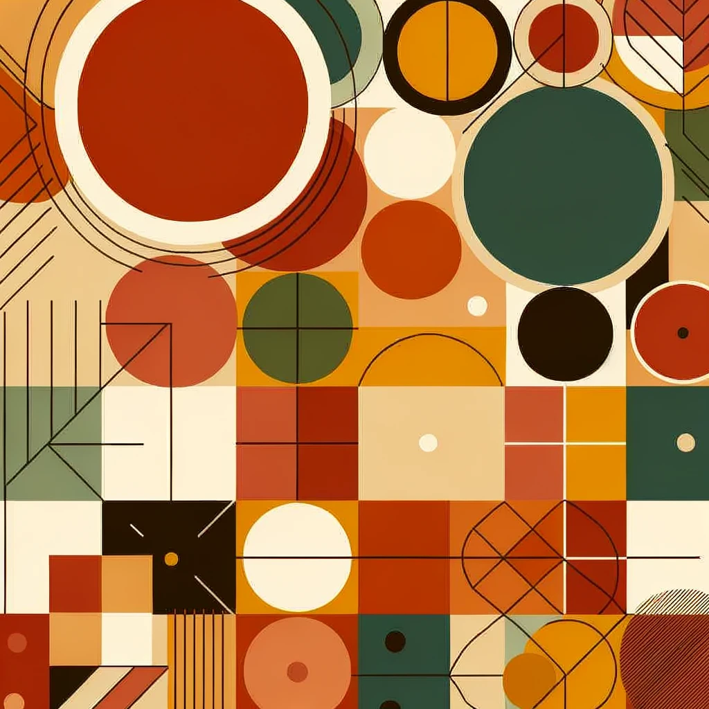 Abstract geometric autumn background, overlapping circles and rectangles, earthy fall tones (terracotta, mustard, deep green, burnt orange), flat minimalist design, clean shapes, modern style emoji