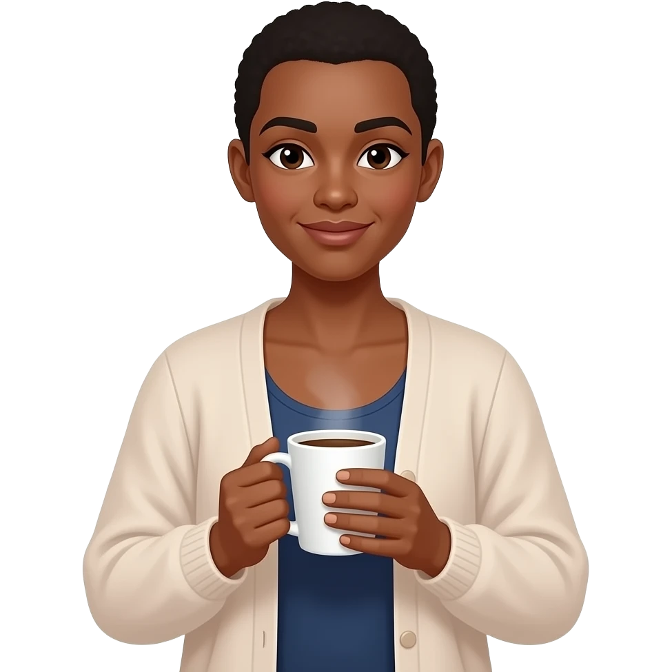 BLACK BALD WOMAN  IN FLOWY CARDIGAN HOLDING A CUP OF COFEE emoji