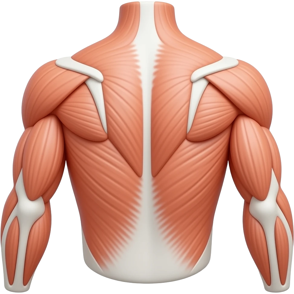 Anatomical male upper arm, back view, no skin, muscles exposed. Triceps brachii dominant with 3 visible heads (long, lateral, medial). Salmon/terracotta color, white tendons. Emoji-like 3D cartoon icon, white background, no text. emoji