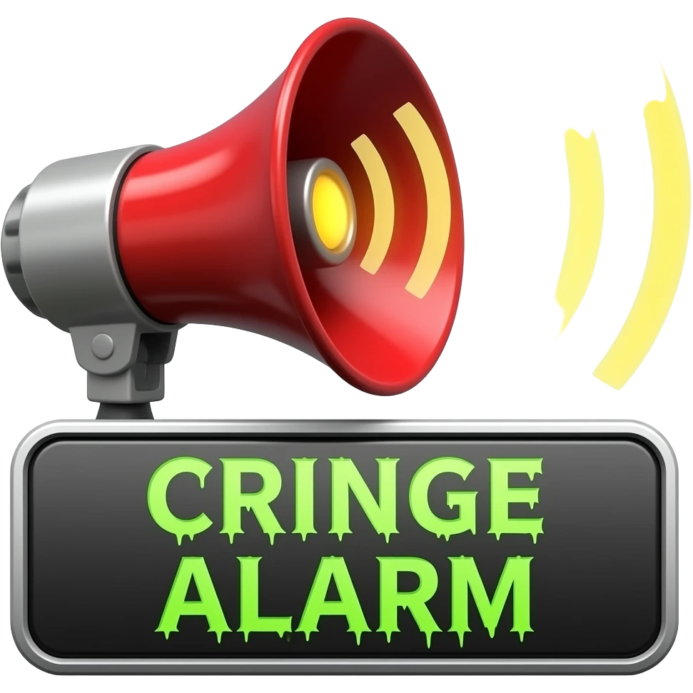 A blaring siren with visual sound effects, a label below it with text "Cringe Alarm" with green horror font", filled background emoji