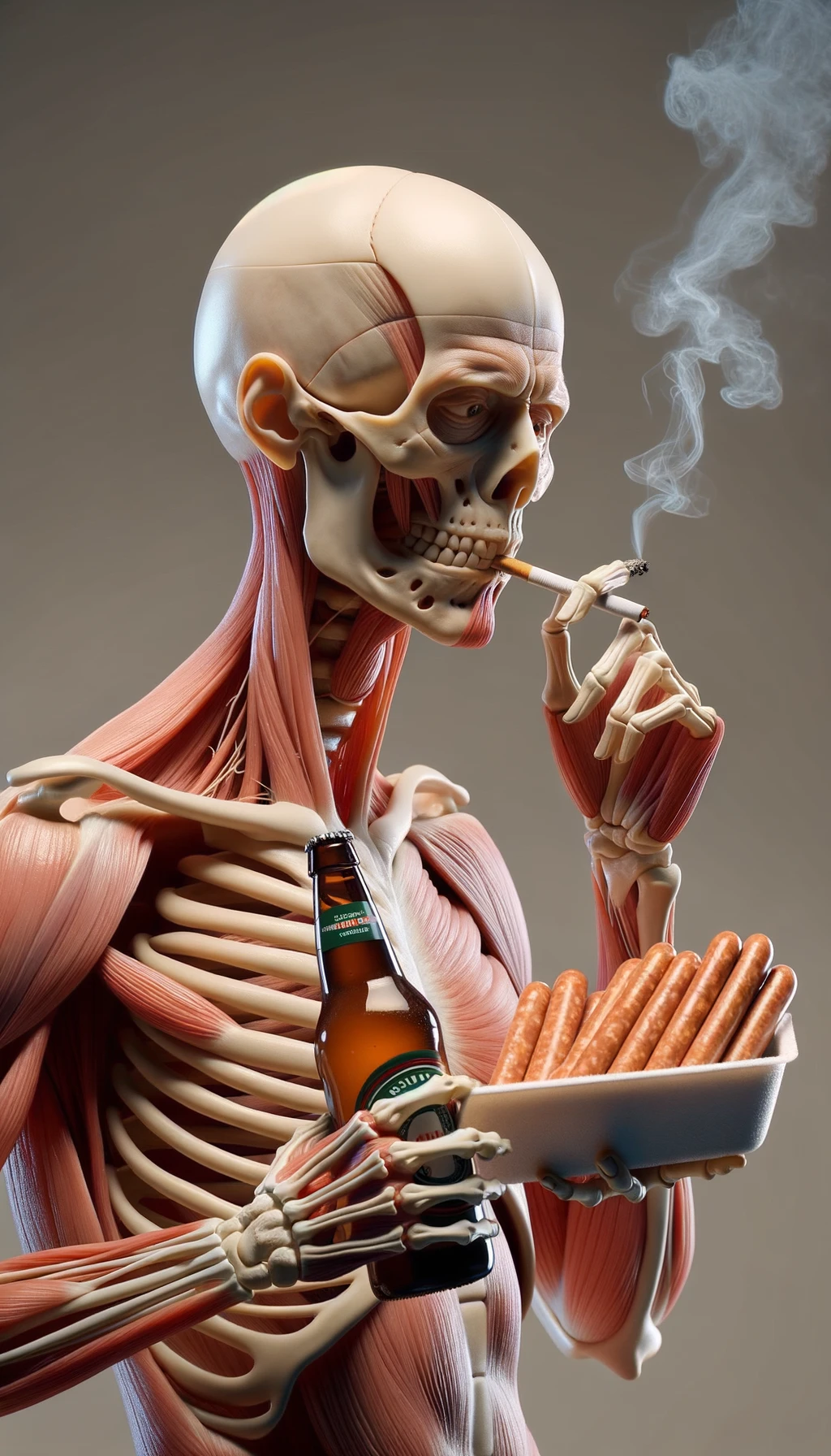 CORPO UMANO ANATOMICO TIENE UNA SIGARETTA IN BOCCA E STA FUMANDO MENTRE TIENE TRA LE BRACCIA UNA BIRRA E WURSTEL CONFEZIONATI, LI GUARDA CON ESPRESSIONE INDECISA IN VOLTO, NEUTRAL CLEAR BACKGROUND, iperrealistico 4k emoji