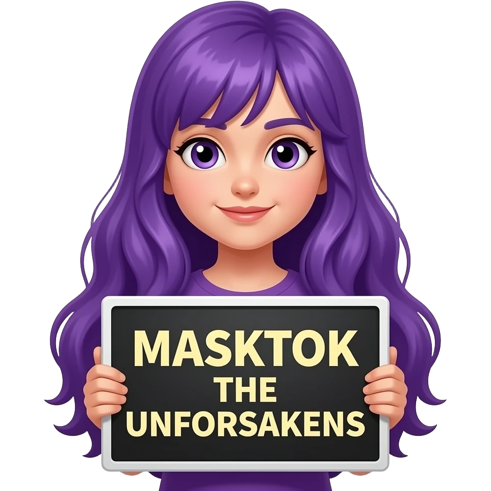 girl with long purple hair with a MASKTOK THE UNFORSAKENS sign emoji