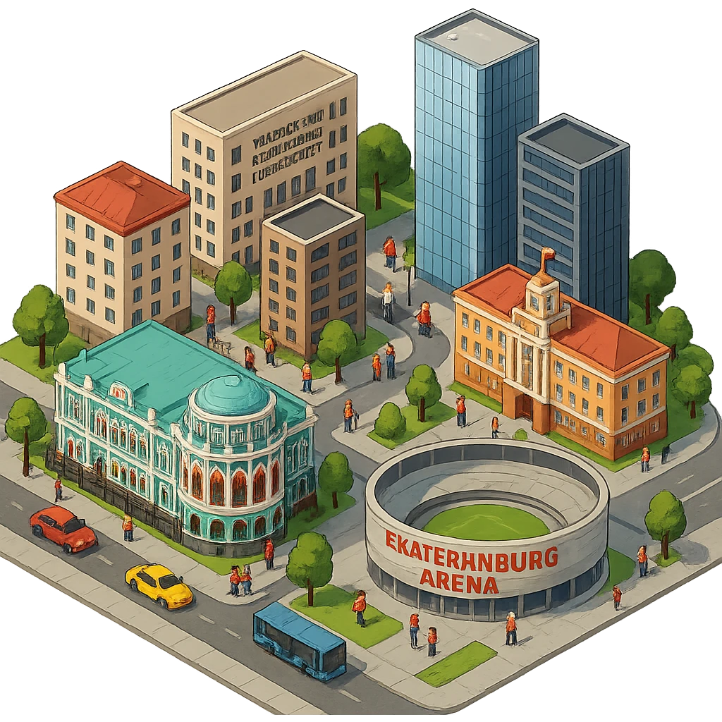 Изометричная миниатюрная фотореалистичная 3D модель Екатеринбурга - Дом Севастьянова, Ельцин-центр, Уральский федеральный университет, дома, Екатеринбург Арена, Штаб-квартира Русской медной компании, Здание Свердловского городского совета народных депутатов, четкие линии, яркие цвета, мультяшный реализм, люди, автотранспорт, компактная композиция, вид сверху в изометрии, прозрачный фон emoji