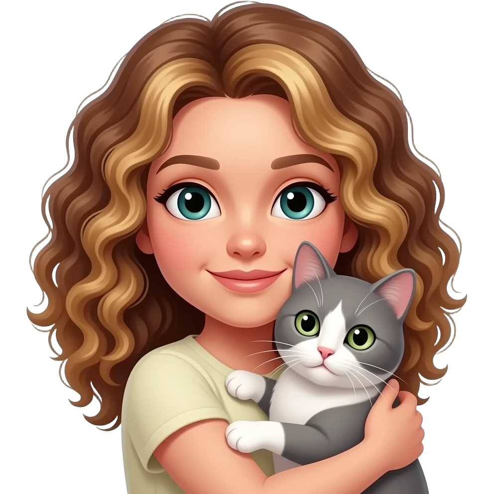 A woman with curly brown and blonde hair with white skin hugging a european cat whit green/grey eyes emoji