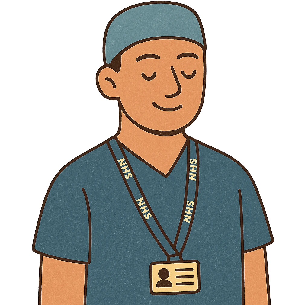 A modern day male surgeon wearing an NHS lanyard and a blue surgeon gown emoji