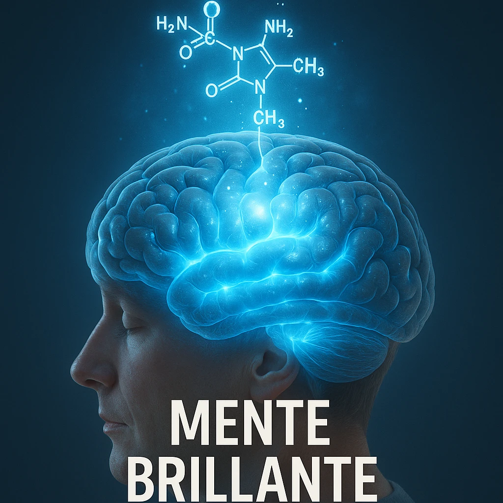 Citicolina che illumina il cervello, iper realistico, molecola blu che emette luce su aree cerebrali, scritta 'Mente brillante', atmosfera positiva, dettagli realistici emoji