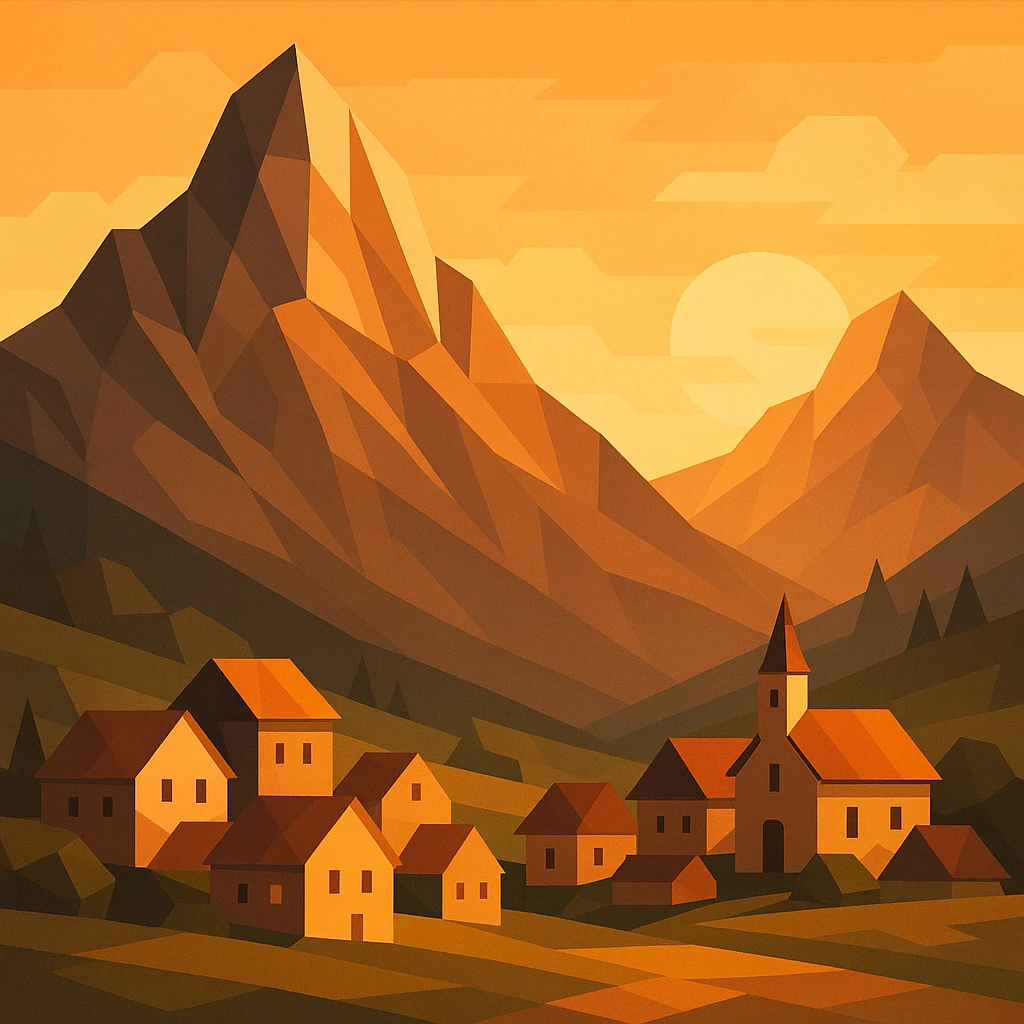a mountain village at sunrise, polygonal style emoji