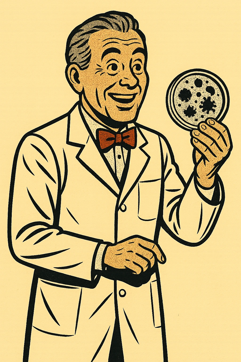 The full body of a happy 1940s male scientist with grey hair wearing a white lab coat over his suit with a red bow tie. He is holding a mouldy petri dish emoji