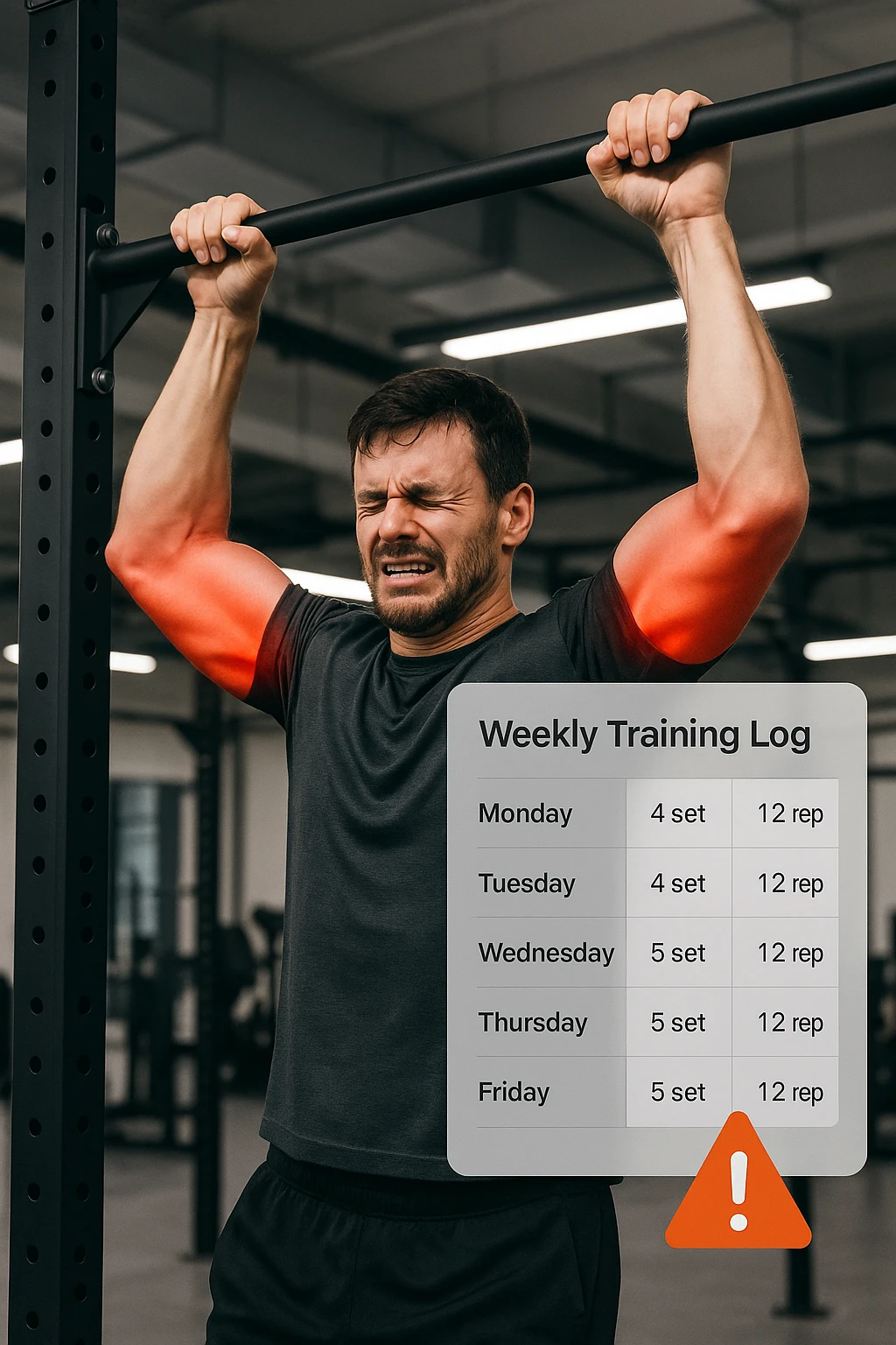 a man in gym attire performs pull-ups on a bar, with his elbows highlighted in bright red to indicate inflammation. A digital overlay shows a weekly training log with high numbers of sets and reps, and a warning icon appears next to the log. The man’s face shows pain and fatigue. The background is a modern gym, emphasizing the link between excessive training volume and injury. scritto in italiano emoji