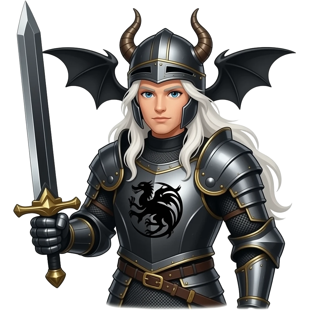 Згенеруй лцаря з білим, довгим волоссям, в чорних обладунках, шолом прикрашений крилами дракона , на грудях герб таргаріенів однотонним чорним візерунком, він стоїть в повний зріст з чорним мечем, видно його обличчя, під кутом emoji