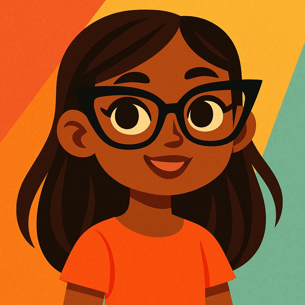 young brown girl with long dark brown hair, dark brown eyes, wearing black squared cat eye glasses emoji
