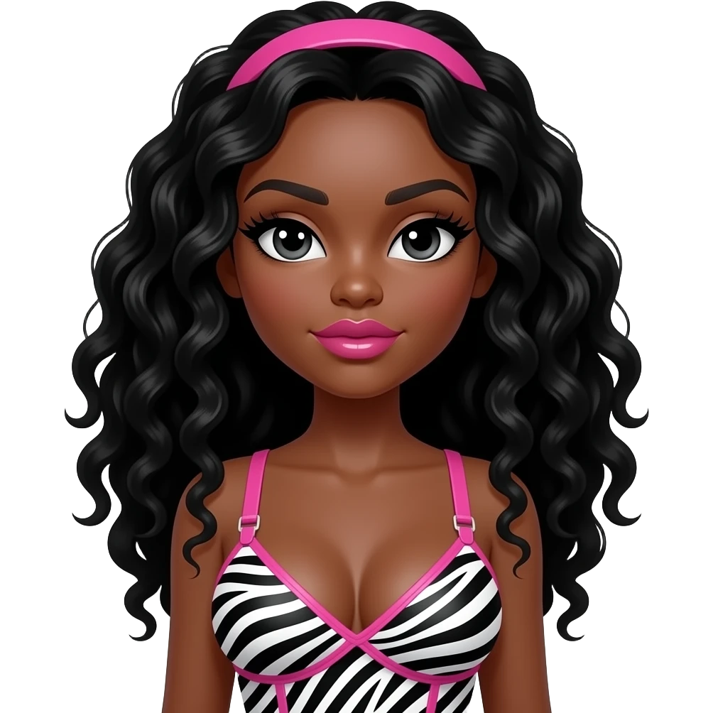 Baddie lashes, dark brown, doll eyes, doll body, Black girl, dark brown skin with long curly black hair, black eyebrows, doll eyes, with giant breast, giant pink lips, plastic surgery, zebra print with pink straps emoji