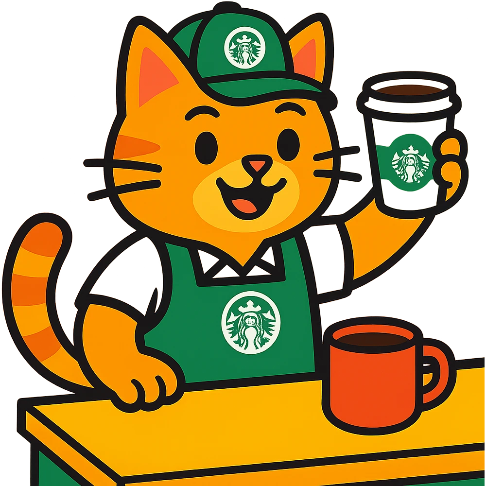 cat barista with Starbucks-style hat and apron, serving coffee, vibrant toon style emoji