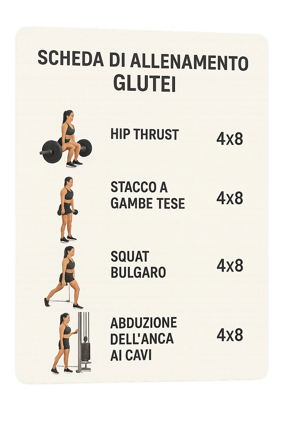 scheda di allenamento glutei in italiano con le reps scritte (tipo 4x8 ecc), iperrealistico 4k emoji
