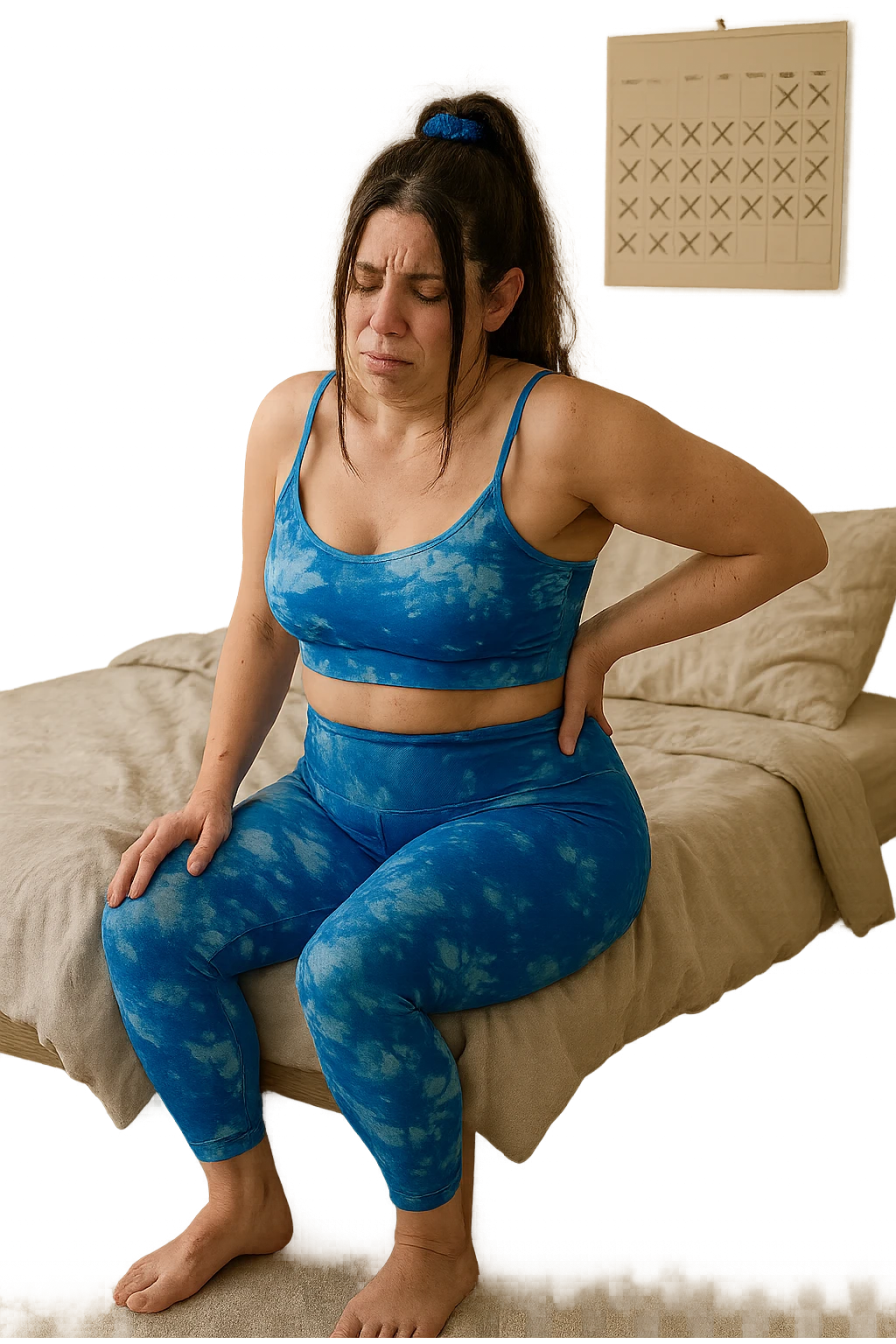 a woman in her 30s sits on the edge of her bed in the morning, holding her lower back with a pained expression. Subtle visual cues, like uneven shoulders or hips, hint at postural asymmetry. The room is softly lit, and a calendar on the wall shows months crossed off, symbolizing chronic pain over the years. emoji