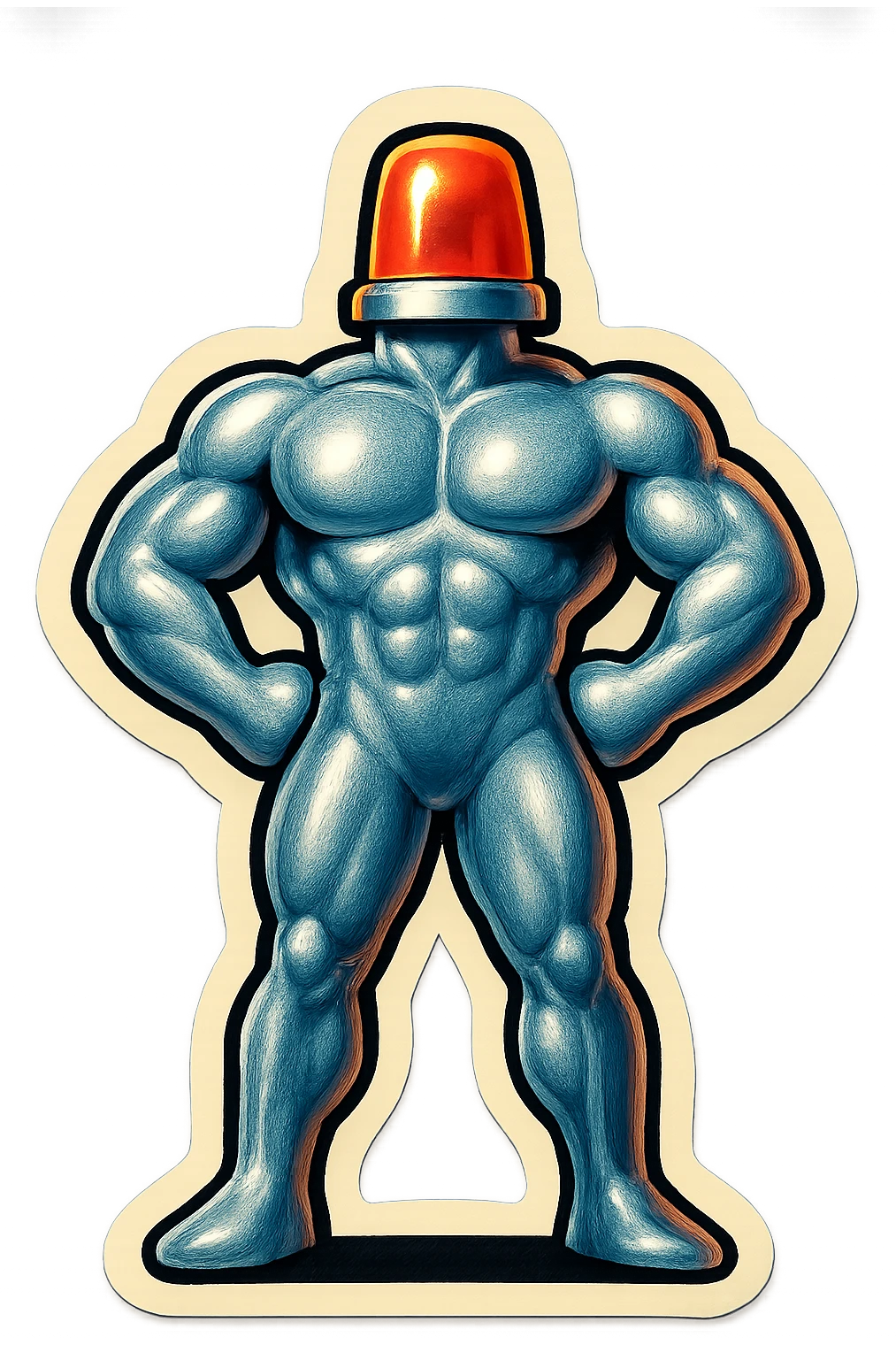 silver muscular robot with a red police light head, standing at attention, retro stickers style emoji