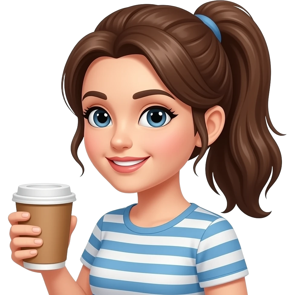Woman. Brown hair. Ponytail with coffee emoji