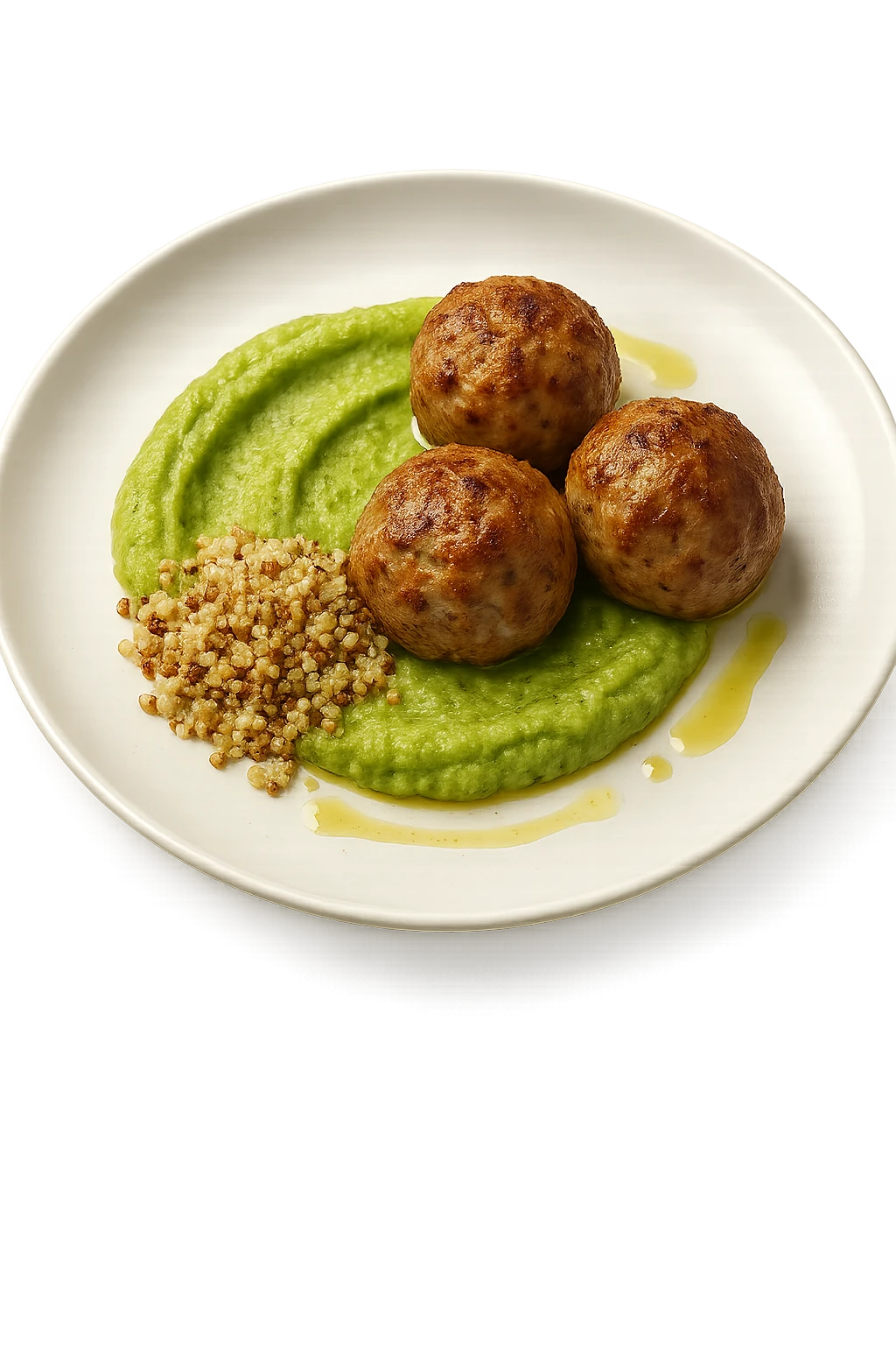 polpette di tacchino, purè di zucchine, quinoa e olio di oliva, iperrealistico 4k emoji