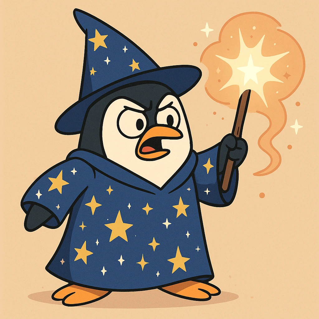a penguin wizard casting a spell, with sparkles and a starry robe, in a cute cartoon style emoji