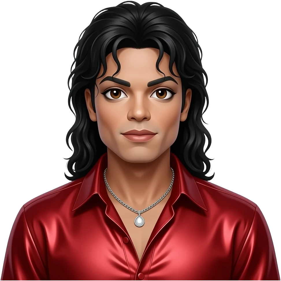 Michael Jackson with dark brown eyes, long black hair, red metallic open dress shirt, silver necklace emoji