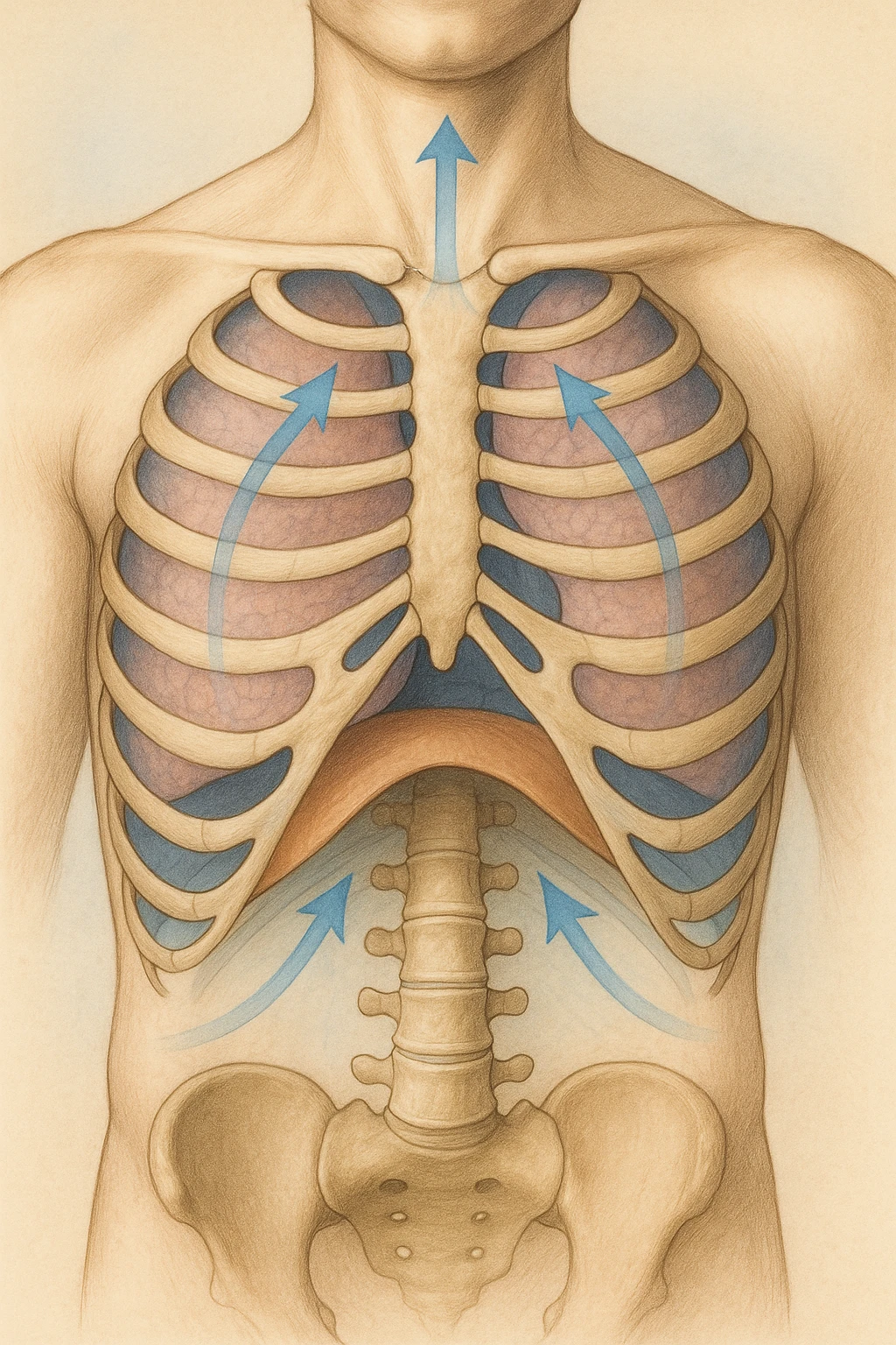 A realistic, high-quality anatomical illustration showing a human torso with visible rib cage and diaphragm. The ribs are shown in a decompressed, expanded state, allowing full lung expansion, while the diaphragm is depicted as relaxed and lowered, indicating deep, efficient breathing. Soft blue and warm tones highlight airflow and lung capacity, with light arrows illustrating the air movement during diaphragmatic breathing. The image conveys a sense of calm, openness, and optimal breathing mechanics, useful for physiotherapy, breathing education, and osteopathic learning contexts realistica emoji