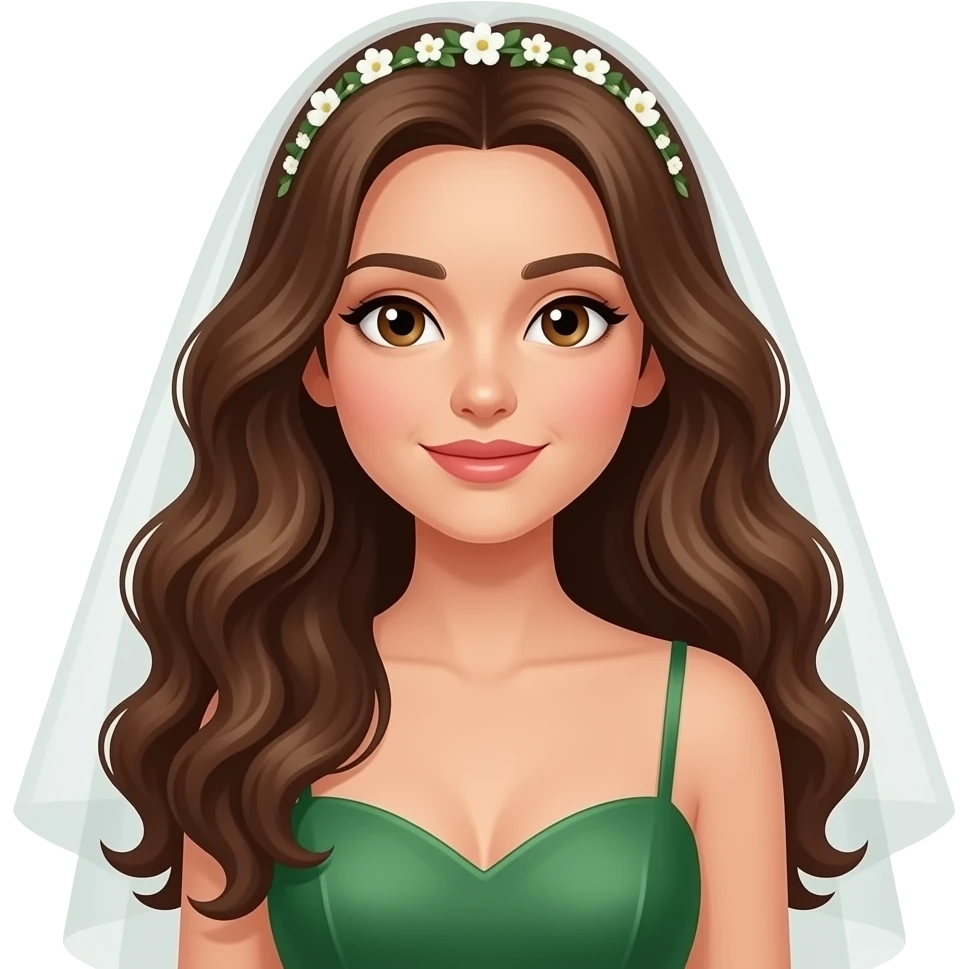 femme, mate de peau, cheveux longs bruns bouclés, yeux marron, en robe verte pour mariage emoji