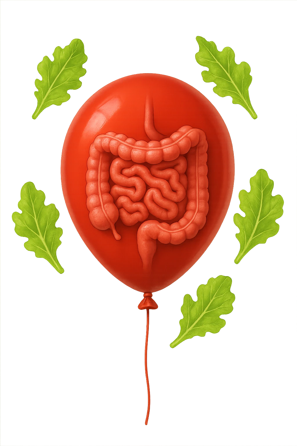 intestino chiuso in un palloncino rosso e foglie di insalata che fluttuano intorno emoji