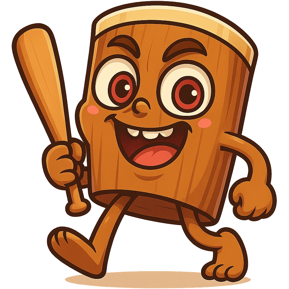 chibi emoji of Tun Tun Suhoor, wooden stick body with smooth brown texture, drum-like cylindrical body, holding baseball bat, cartoon style, bright vivid colors, expressive face, dynamic pose, a bit creepy yet funny,  emoji