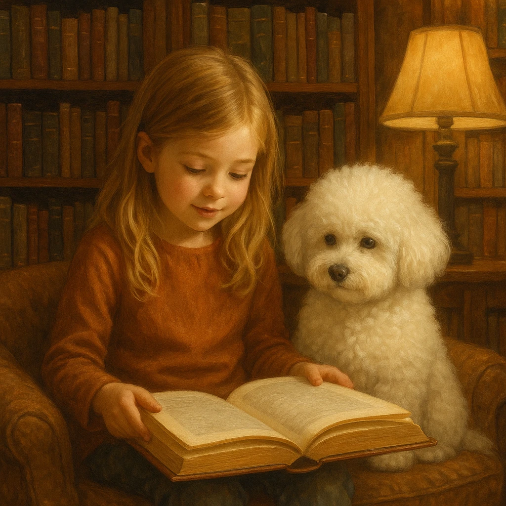 girl with blond hair reading with a bichon dog, in a library emoji