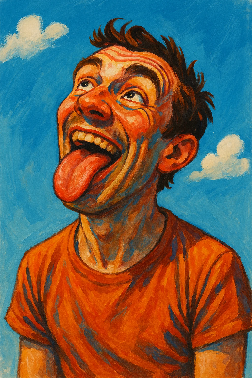 an expressive illustration of a man sticking out his tongue and looking up to the sky emoji