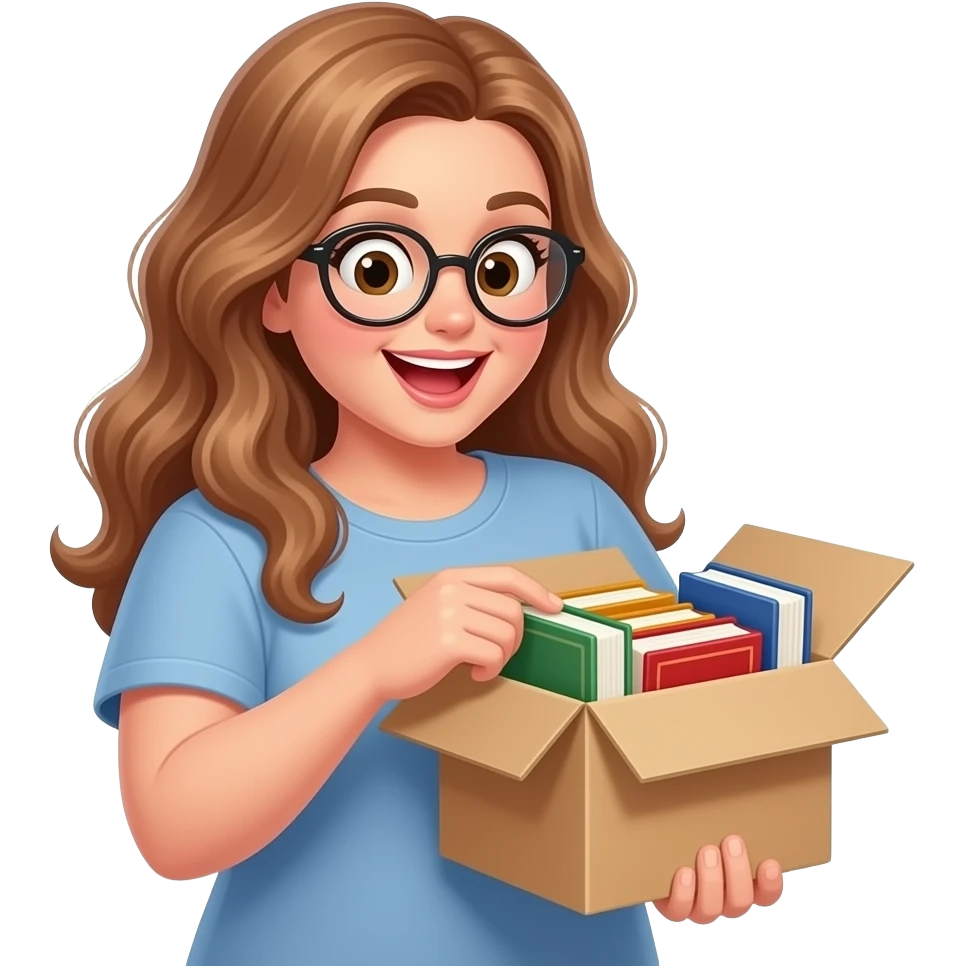 detailed emoji illustration of a curvy woman with long light brown wavy hair, light brown eyes and round glasses opening a package full of books, excited expression, book unboxing moment, cute emoji style emoji