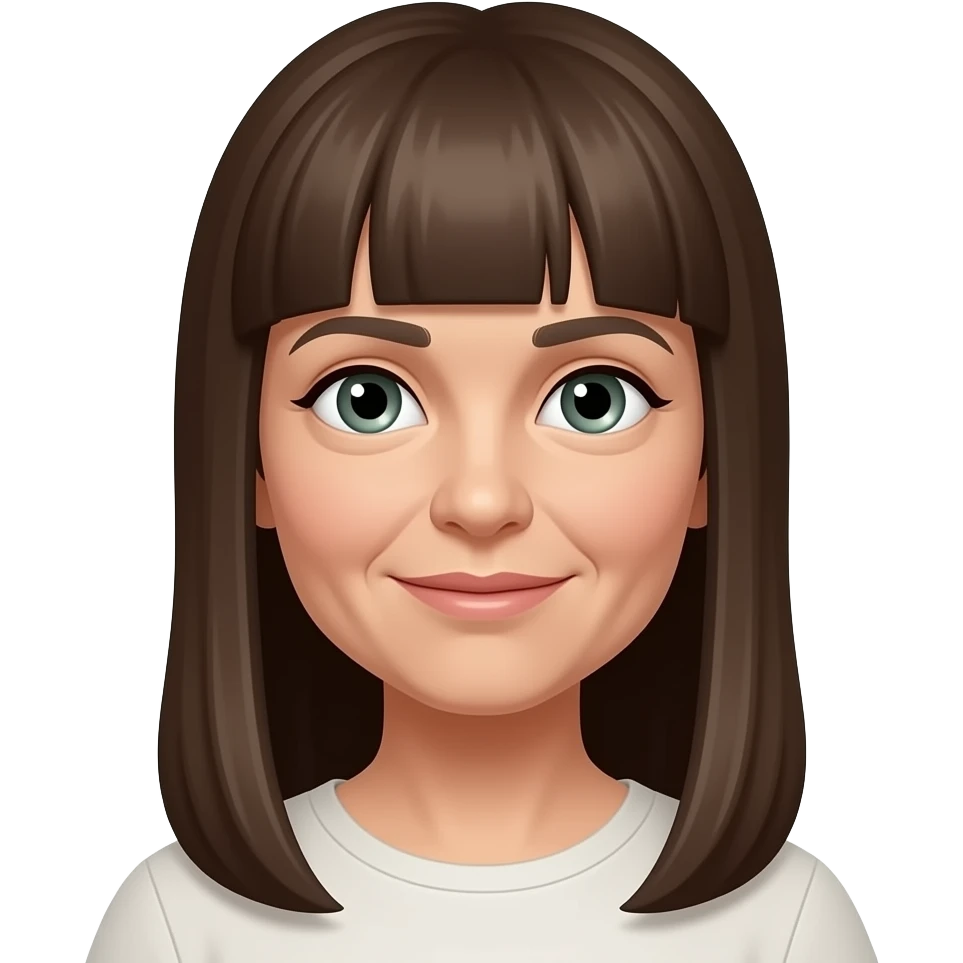 older woman with long straight brown hair and bangs, grey-green eyes emoji