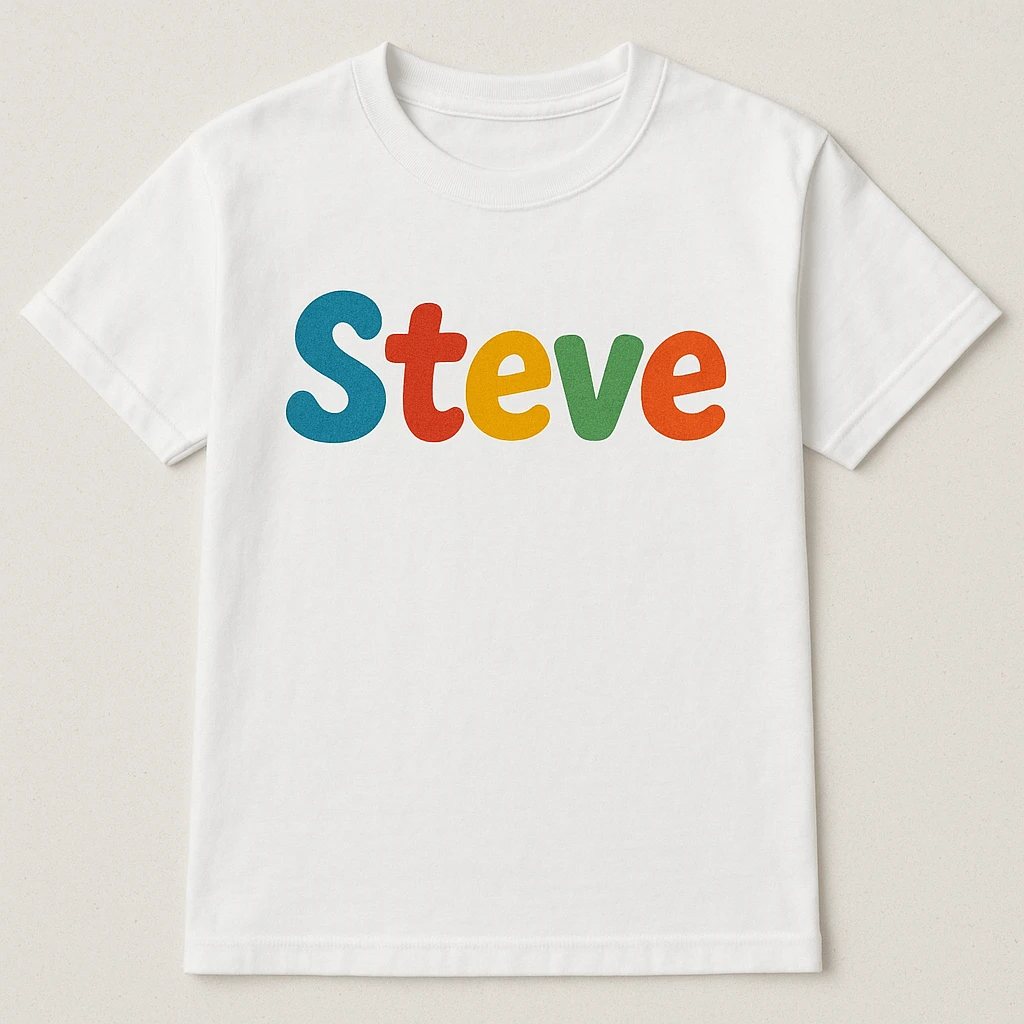 a shirt with 'Steve' written in a playful font emoji