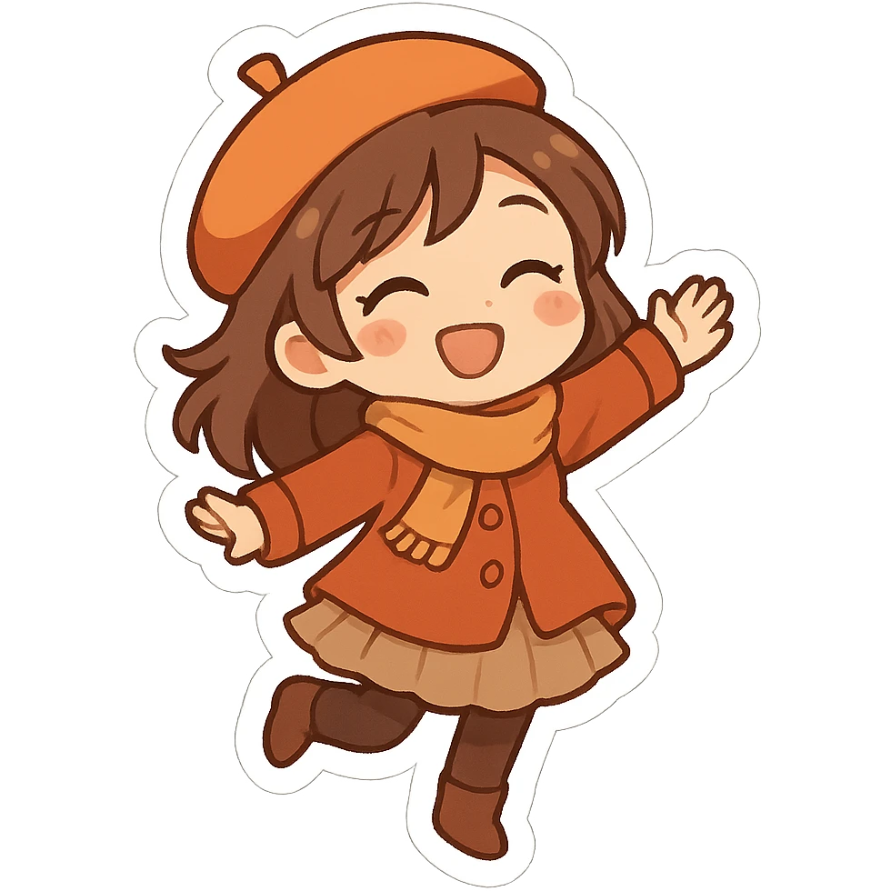 一个穿着秋季服装的女孩，开心欢快，跳舞 emoji
