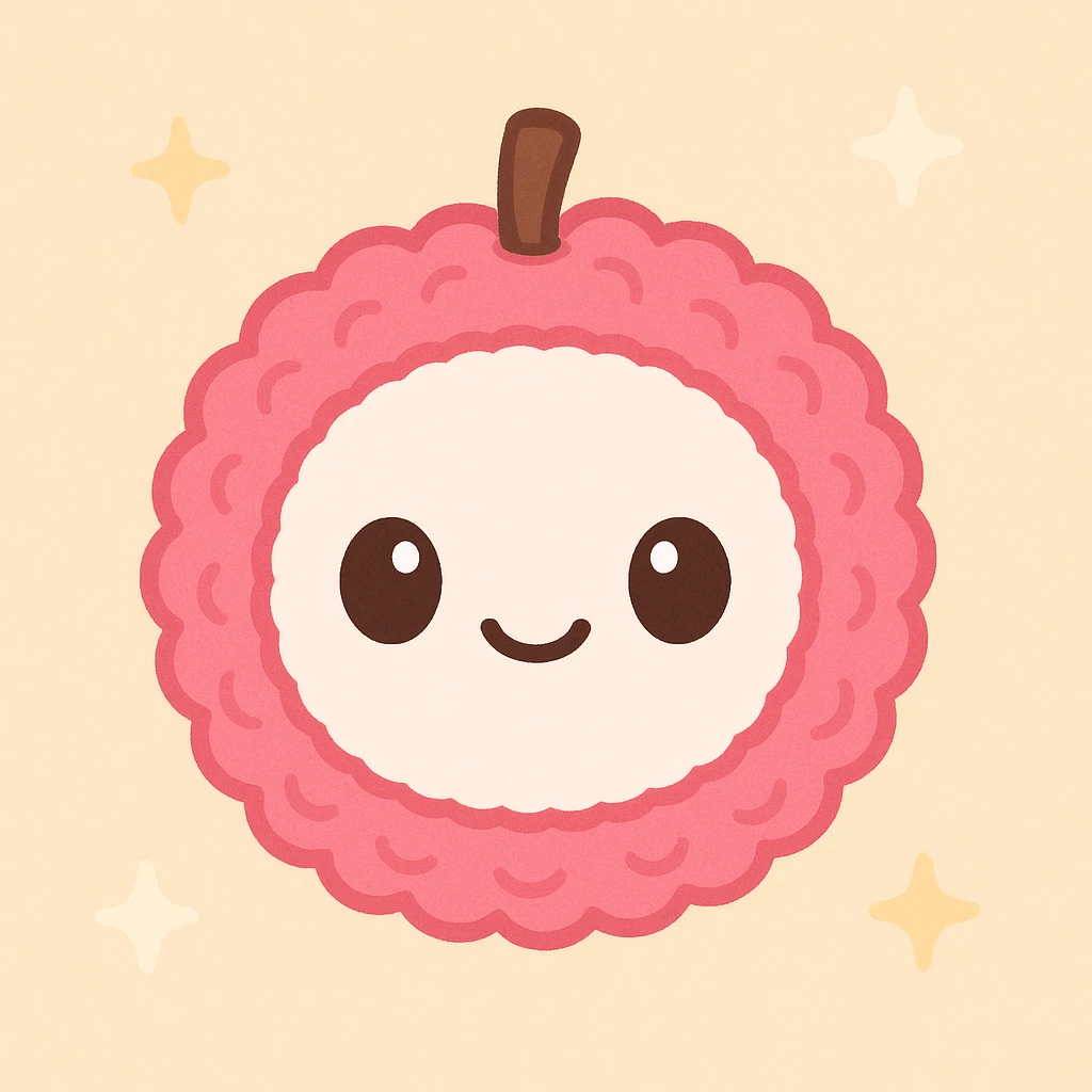 kawaii lychee emoji with plush toy-like look, round white face, big shiny eyes, happy smile, bright pink bumpy skin, small brown stem, glossy 3D style, soft shading, detailed texture, cheerful and expressive emoji