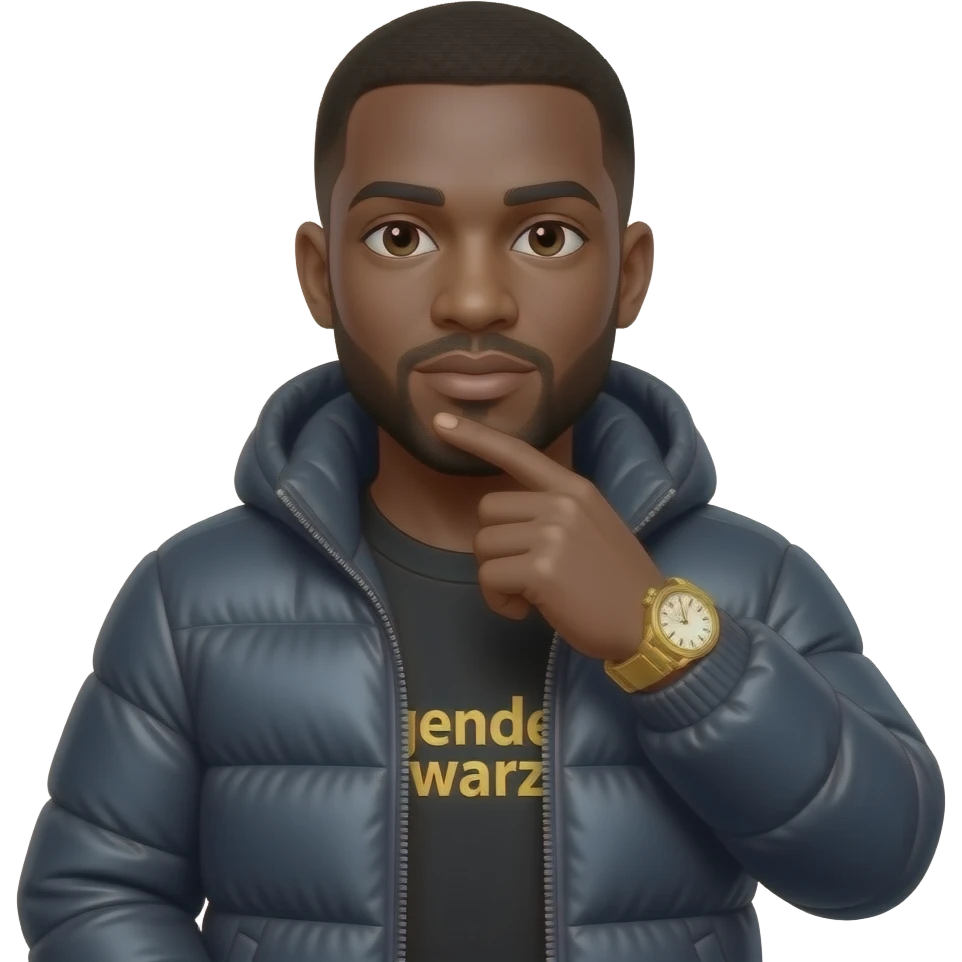 Black guy named Stackpack puffy jacket that says gender warz on it. Gold watch emoji