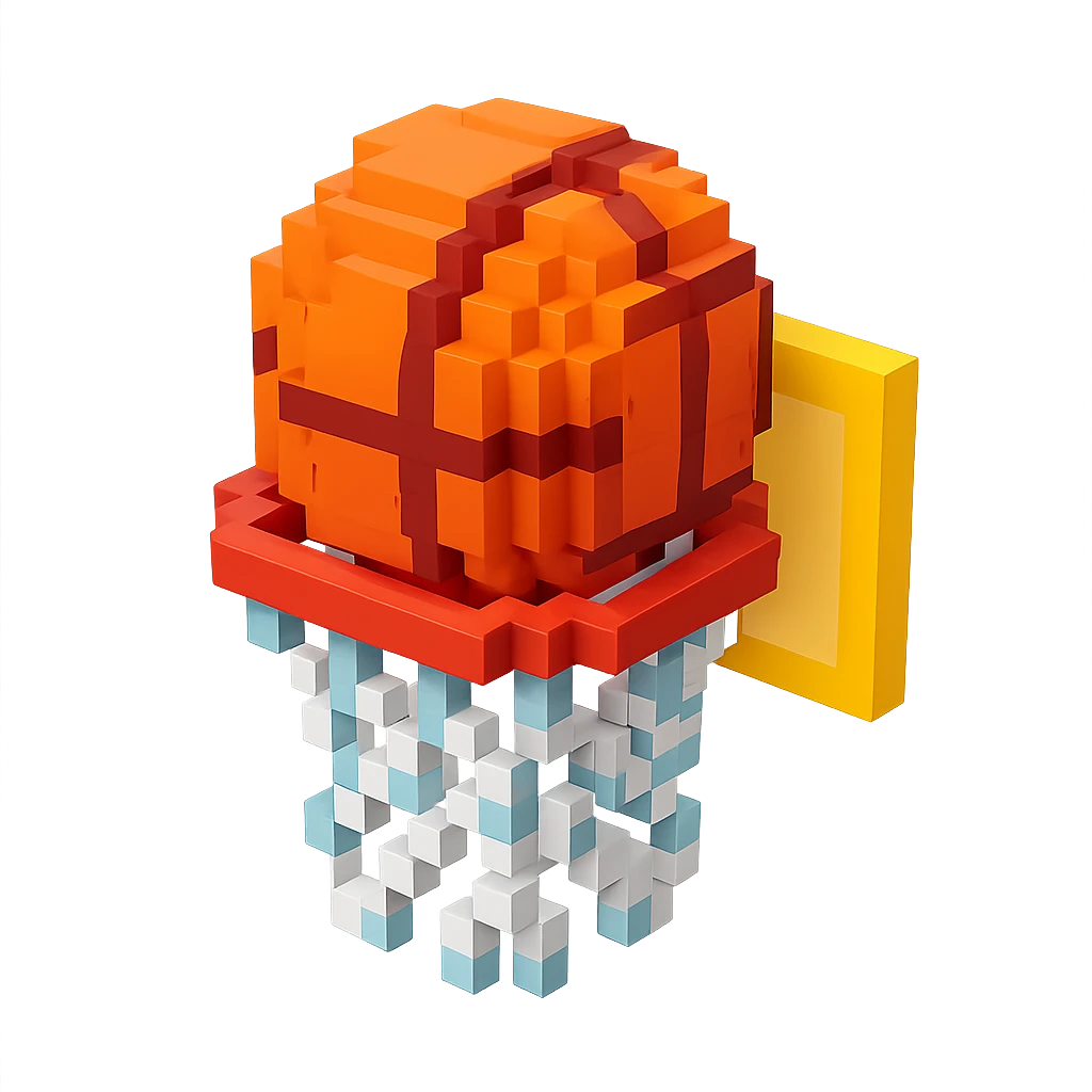 Voxel-style basketball in a net, no background, variation 5. emoji